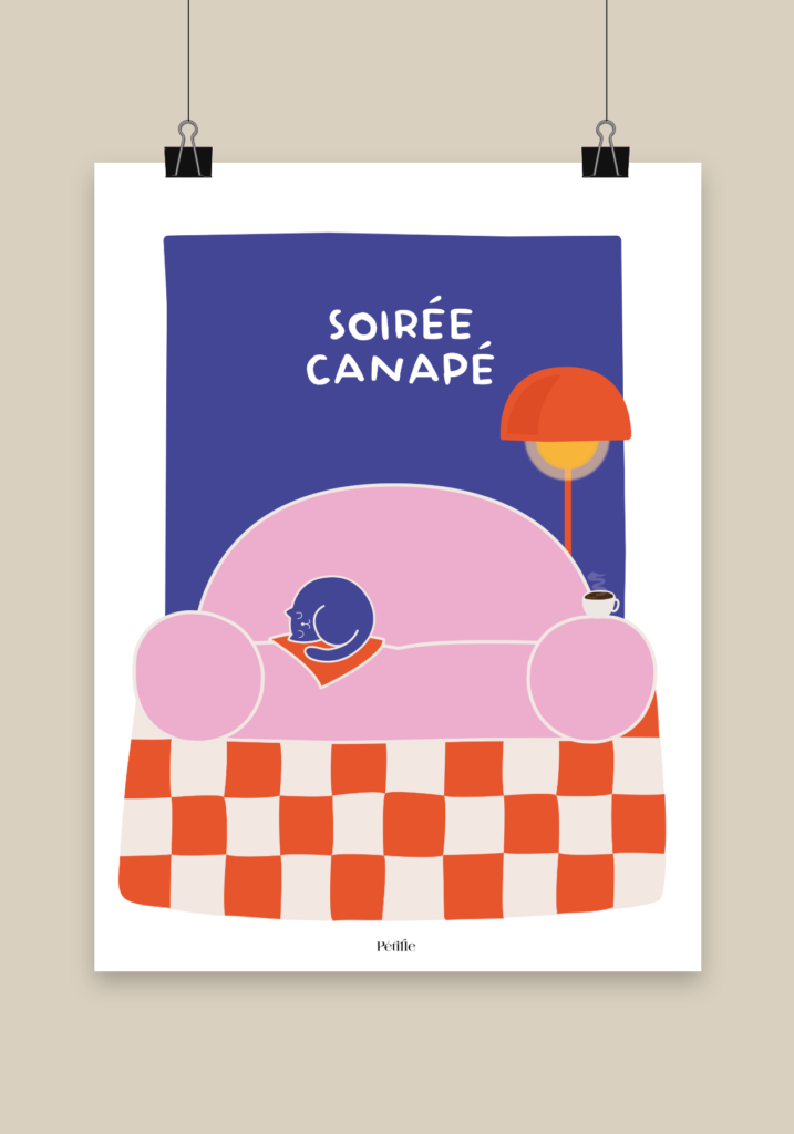 Affiche représentant un chat endormi sur un canapé