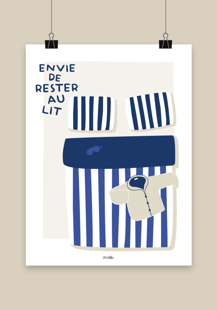Affiche représentant une parure de lit rayée