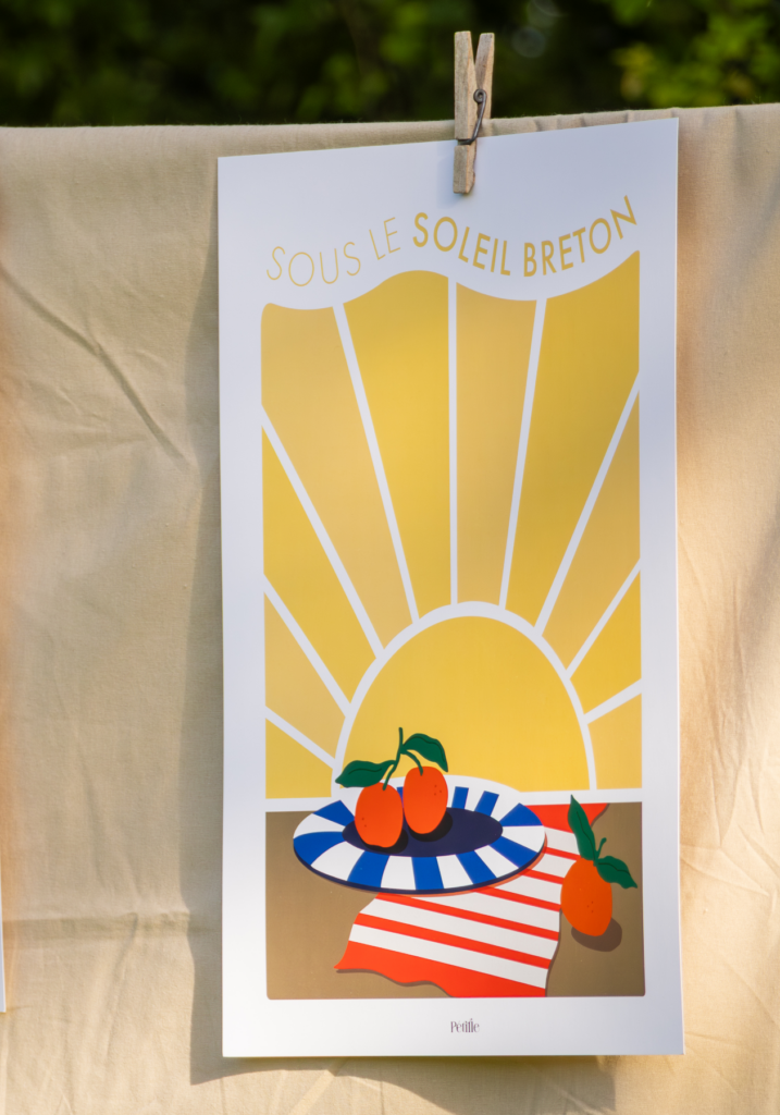 Affiche représentant un coucher de soleil devant un pique-nique